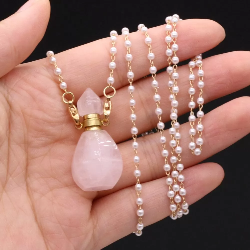 Natural Rose Quartz Perfume Bottle Pendant Necklace