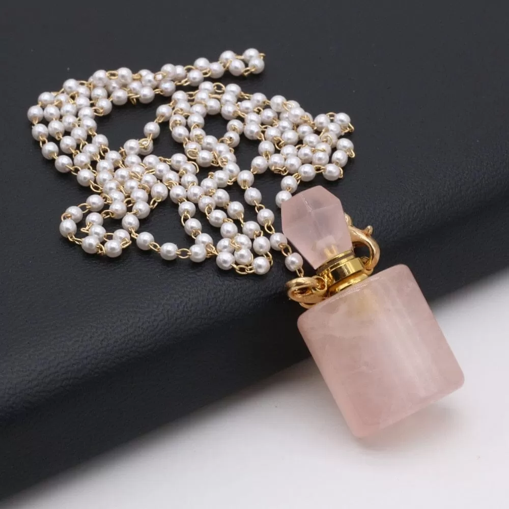 Natural Rose Quartz Perfume Bottle Pendant Necklace