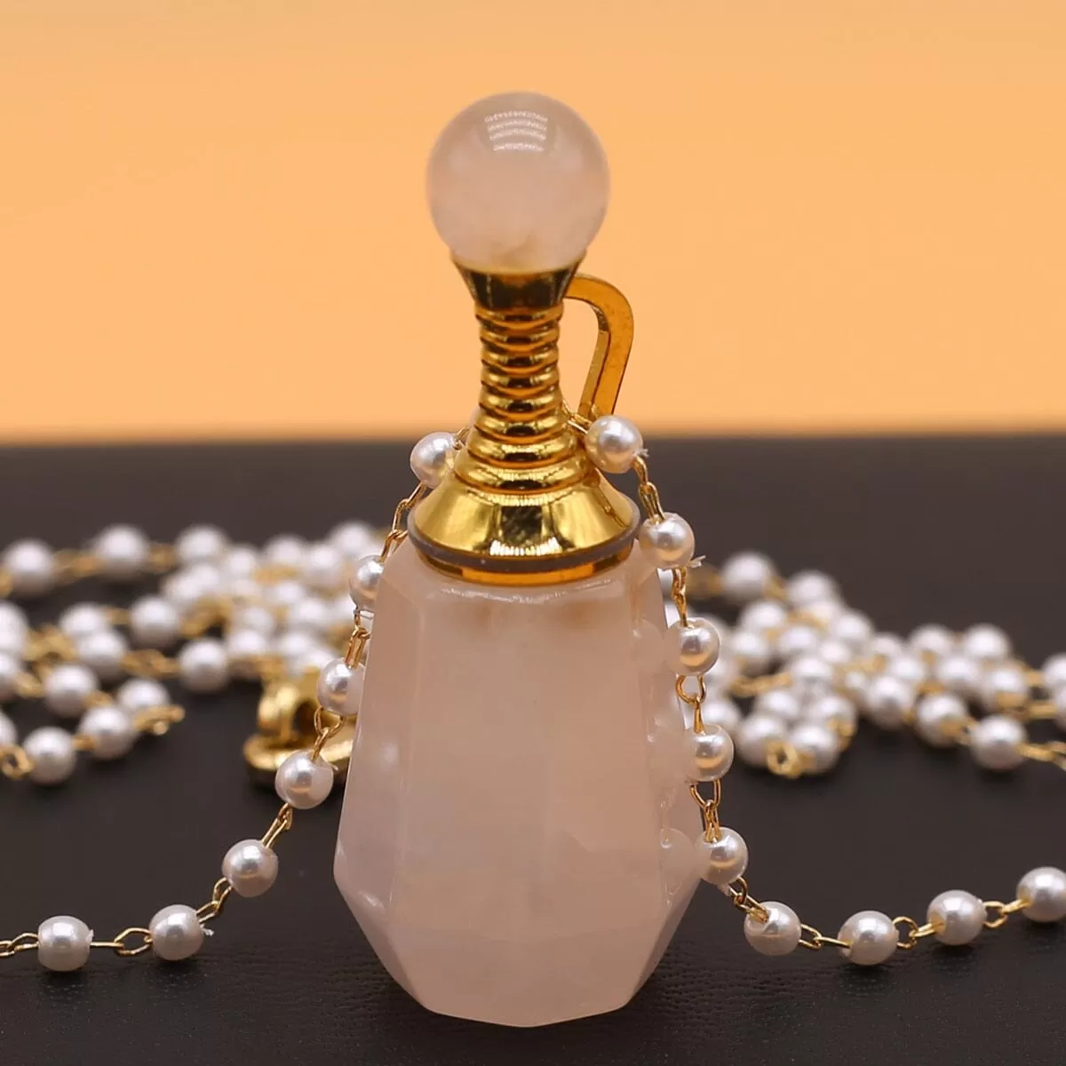 Natural Rose Quartz Perfume Bottle Pendant Necklace