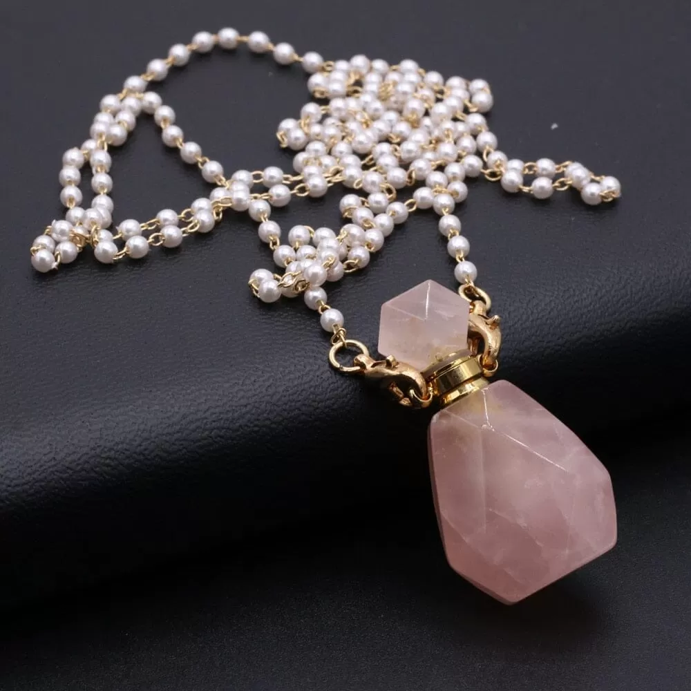 Natural Rose Quartz Perfume Bottle Pendant Necklace