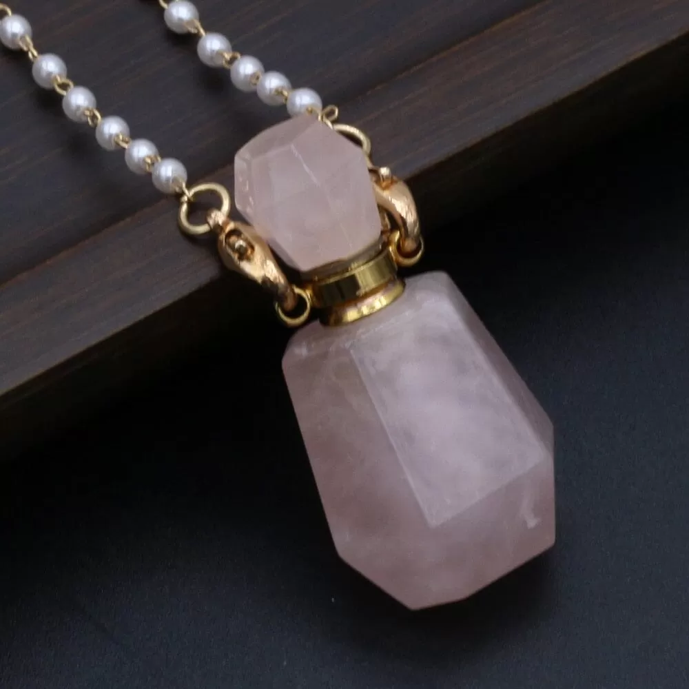 Natural Rose Quartz Perfume Bottle Pendant Necklace