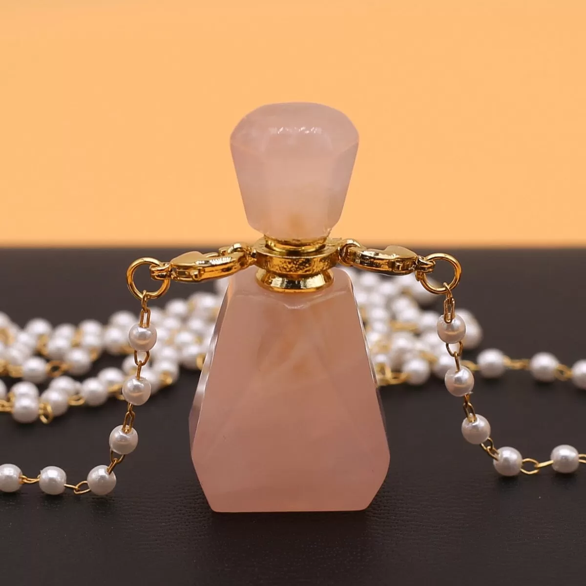 Natural Rose Quartz Perfume Bottle Pendant Necklace