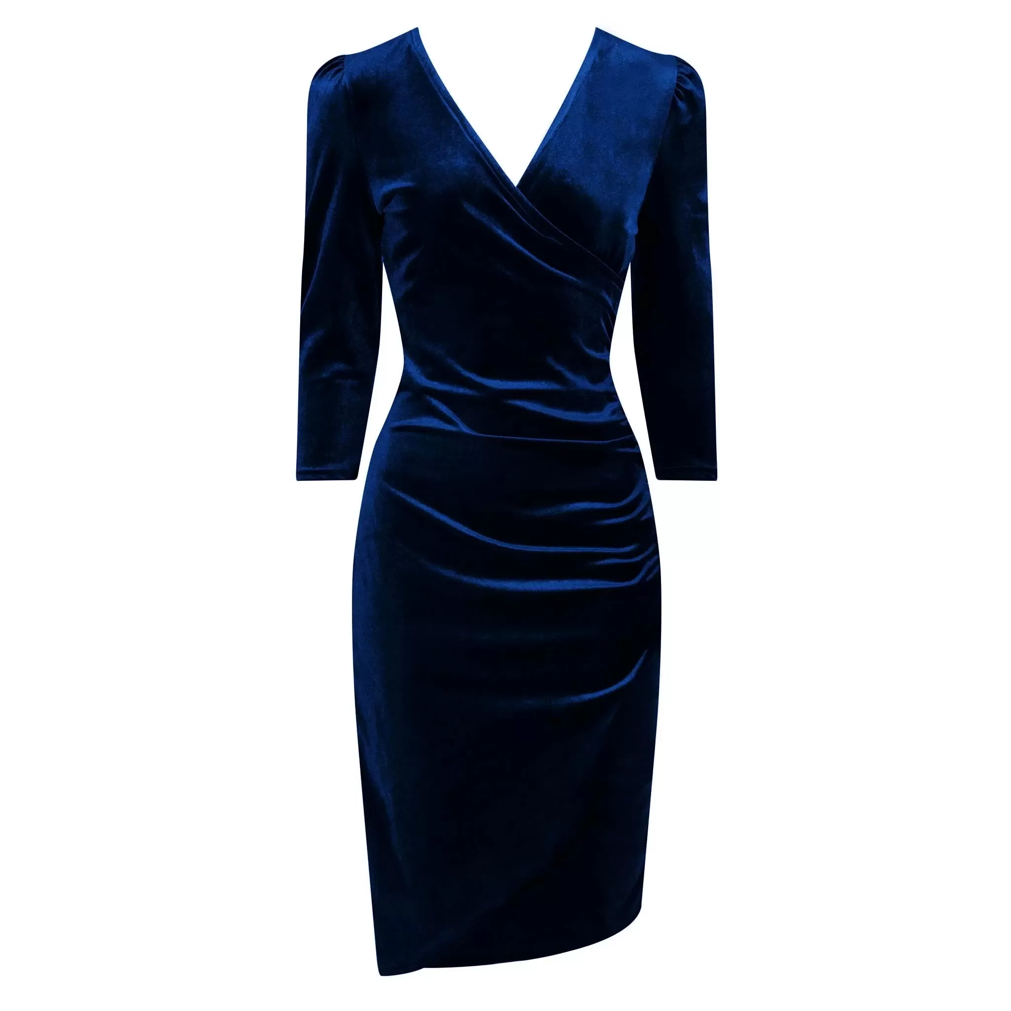 Navy Blue Velour Wrapover 3/4 Sleeve Midi Dress