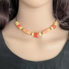 Orange and Beige Wood Beaded Choker