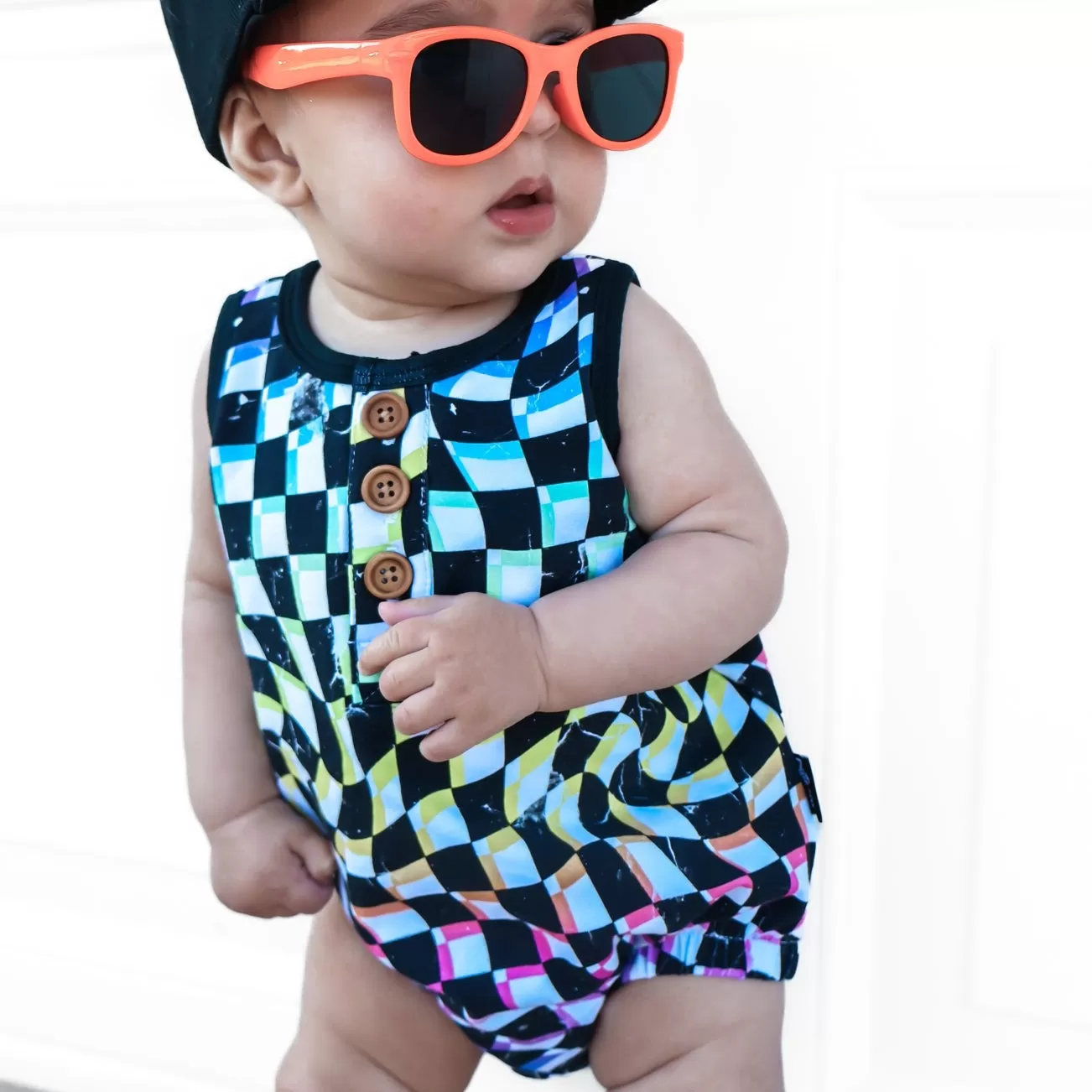 ORGANIC COTTON HENLEY ROMPER- Neon Dizzy Check