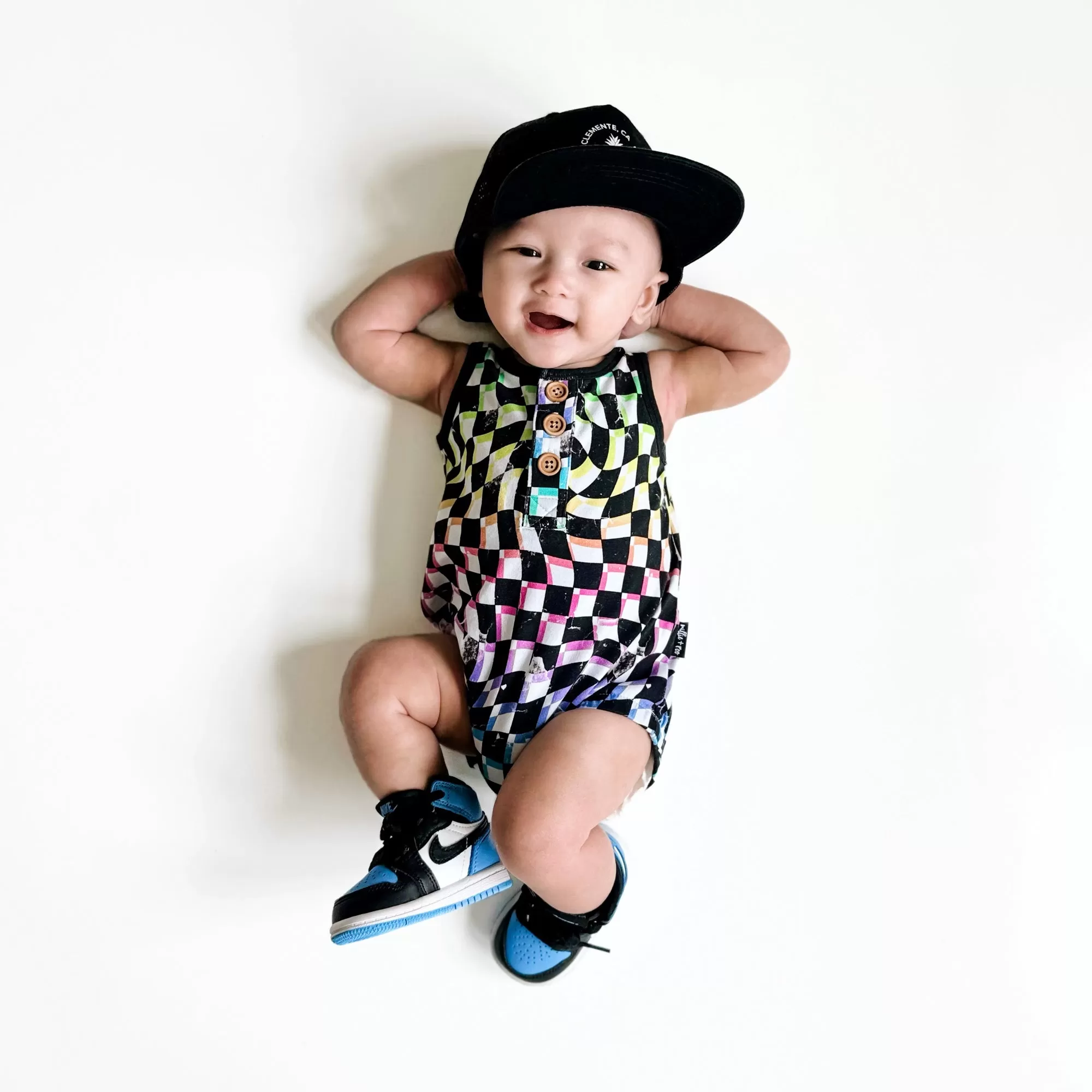 ORGANIC COTTON HENLEY ROMPER- Neon Dizzy Check