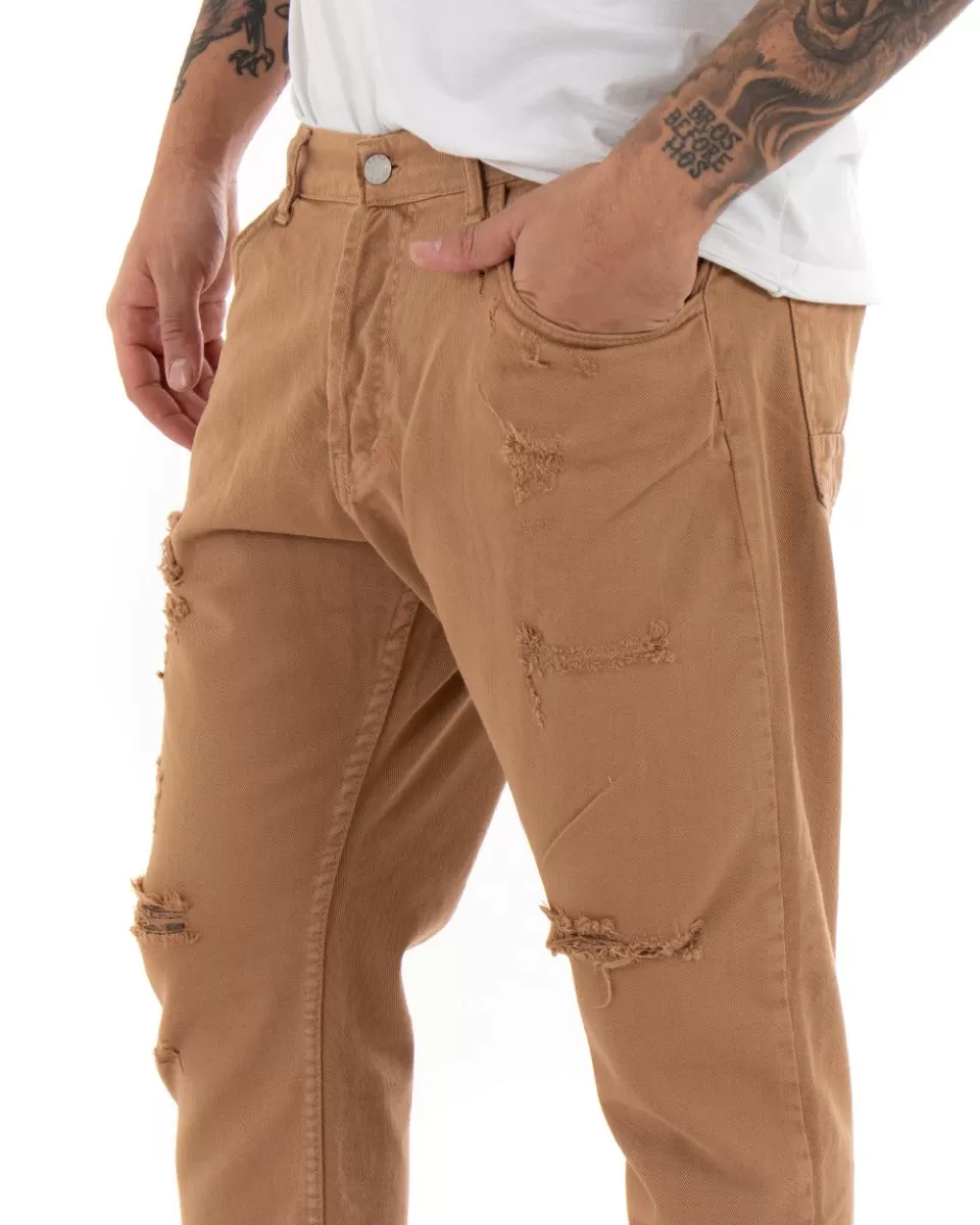 Pantaloni Jeans Uomo Loose Fit Camel Con Rotture Cinque Tasche Casual GIOSAL-P4088A