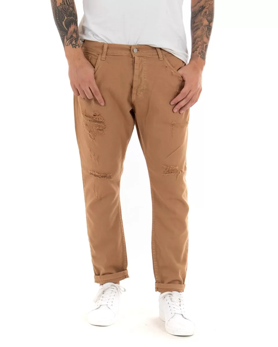 Pantaloni Jeans Uomo Loose Fit Camel Con Rotture Cinque Tasche Casual GIOSAL-P4088A