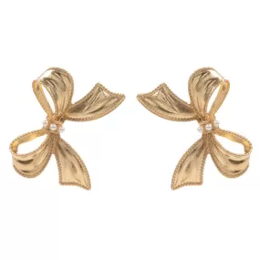 Pearl Pointed Metal Bow Earrings