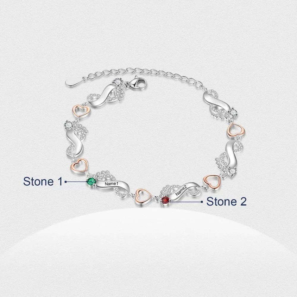 Personalized 2 Name And 2 Birthstone Baby Foot Bracelet