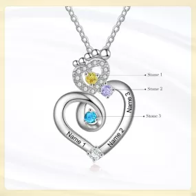 Personalized 3 Names Baby Feet Zircon Heart-Shaped Pendant