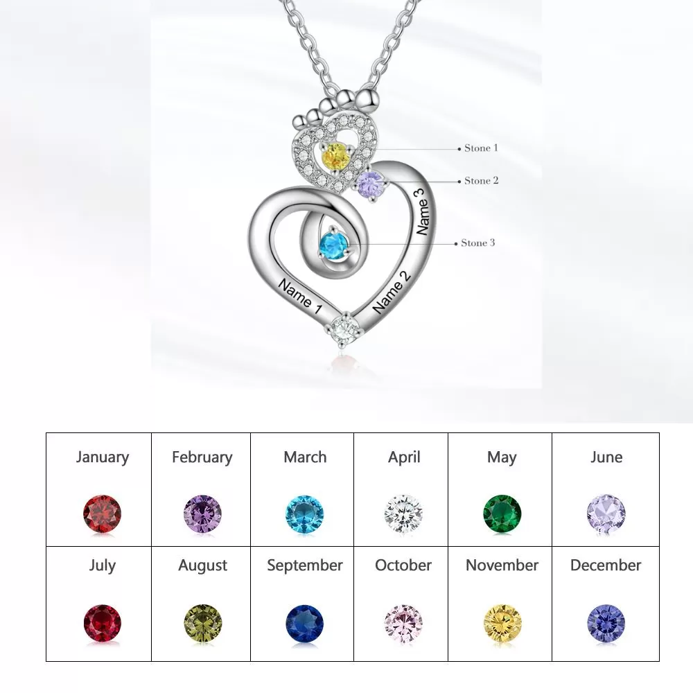 Personalized 3 Names Baby Feet Zircon Heart-Shaped Pendant