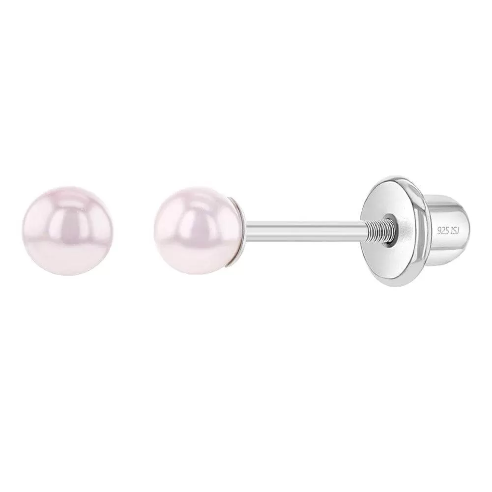 Pink Tone Pearls 3-5mm Sterling Silver Baby Children Screw Back Earrings