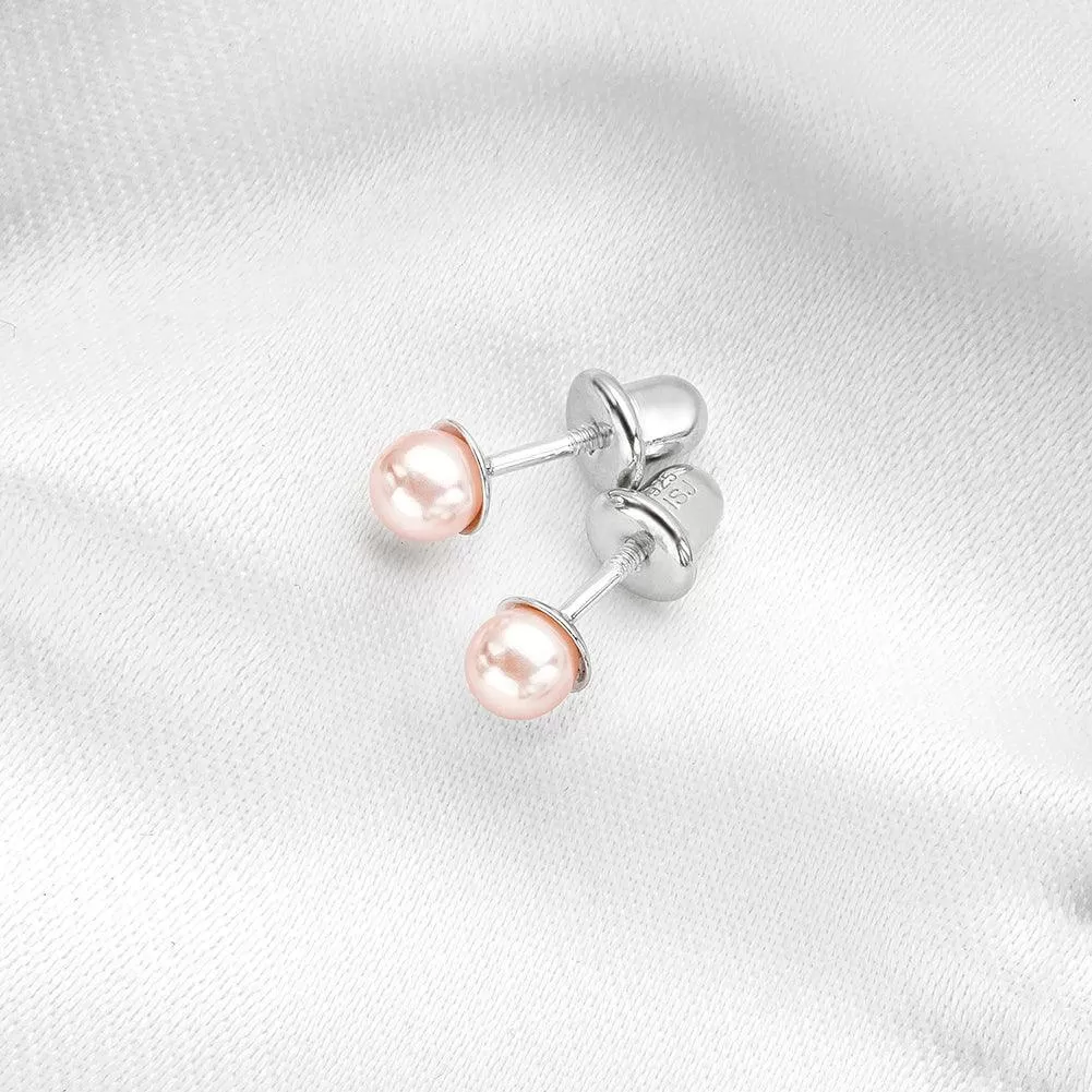 Pink Tone Pearls 3-5mm Sterling Silver Baby Children Screw Back Earrings