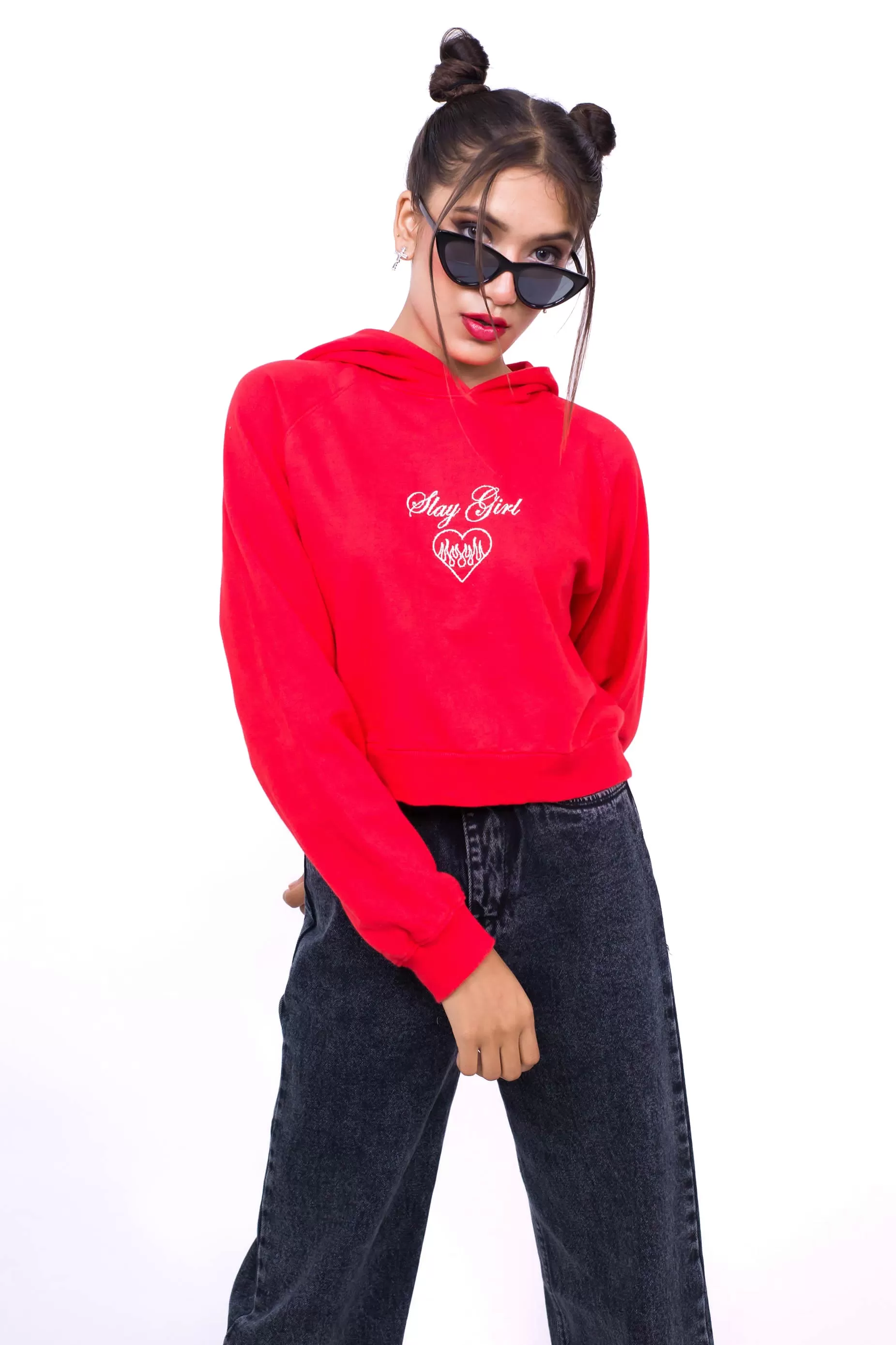 Printed Crop Hoodie Red