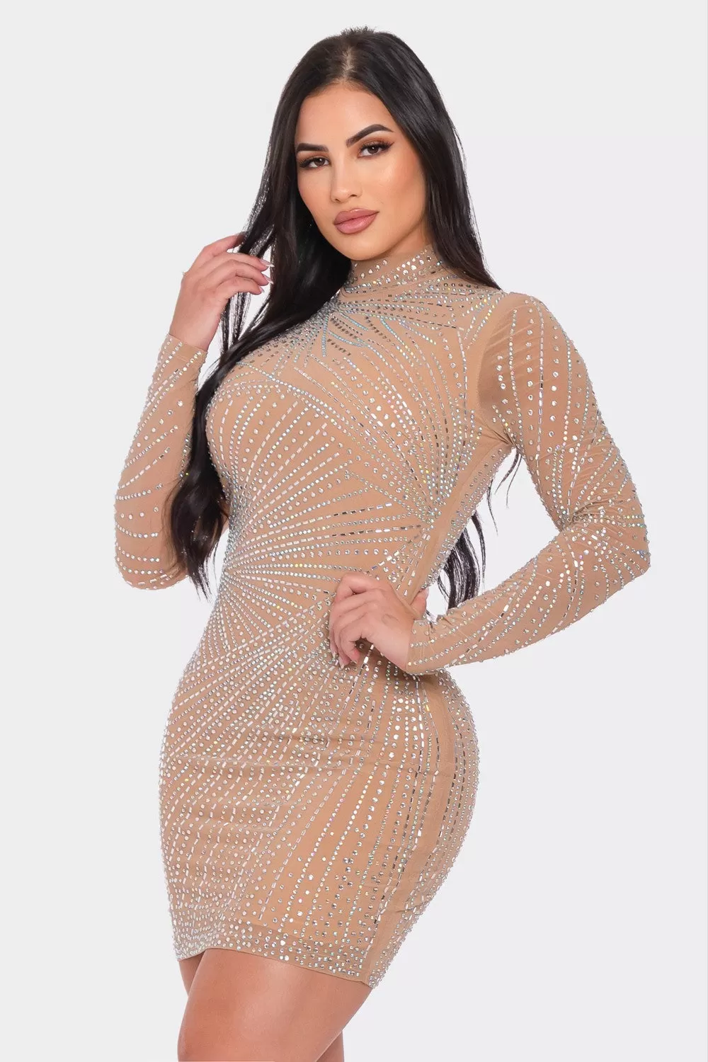 RHINESTONE MESH MOCK NECK BODYCON DRESS