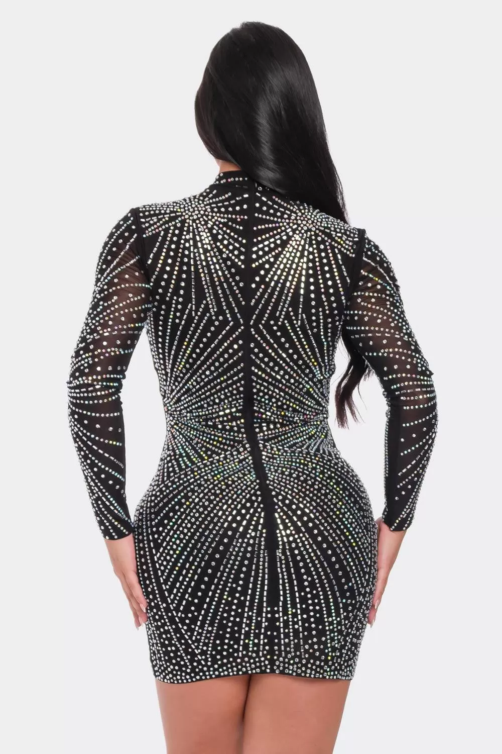 RHINESTONE MESH MOCK NECK BODYCON DRESS