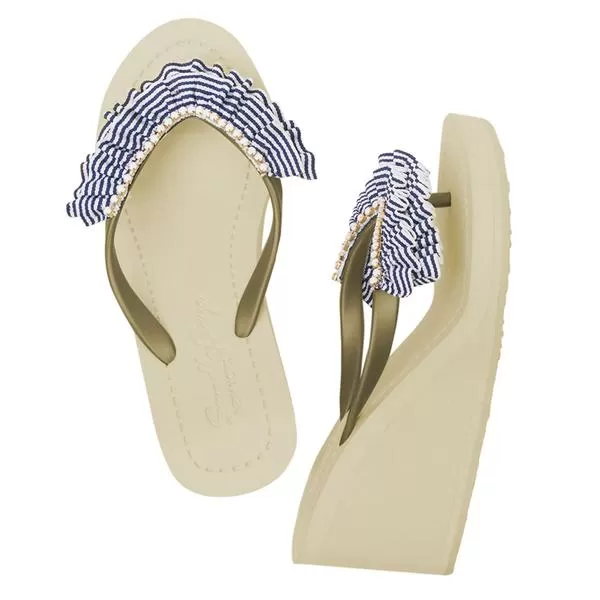 Rockaway Stripe - Marine Blue and white Rhine Stone Embellished Women's High Wedge Flip Flops Sandal