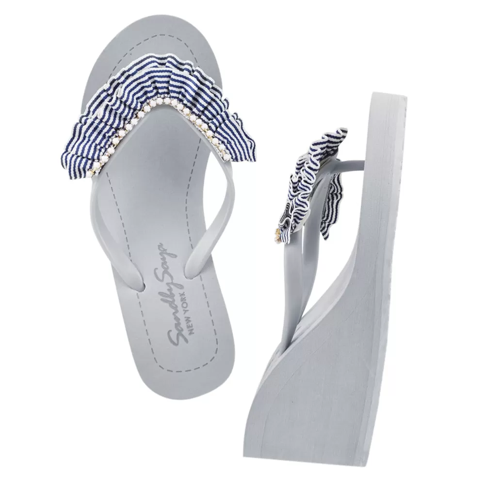 Rockaway Stripe - Marine Blue and white Rhine Stone Embellished Women's High Wedge Flip Flops Sandal