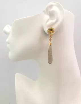 Round Lemon Quartz Studs with White Topaz and Smoky Quartz Long Drop Twinset Earrings