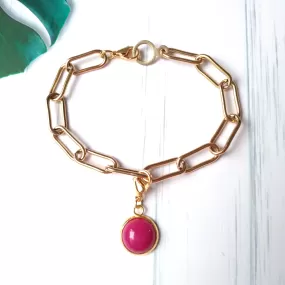 Round Pink Jade Paperclip Bracelet