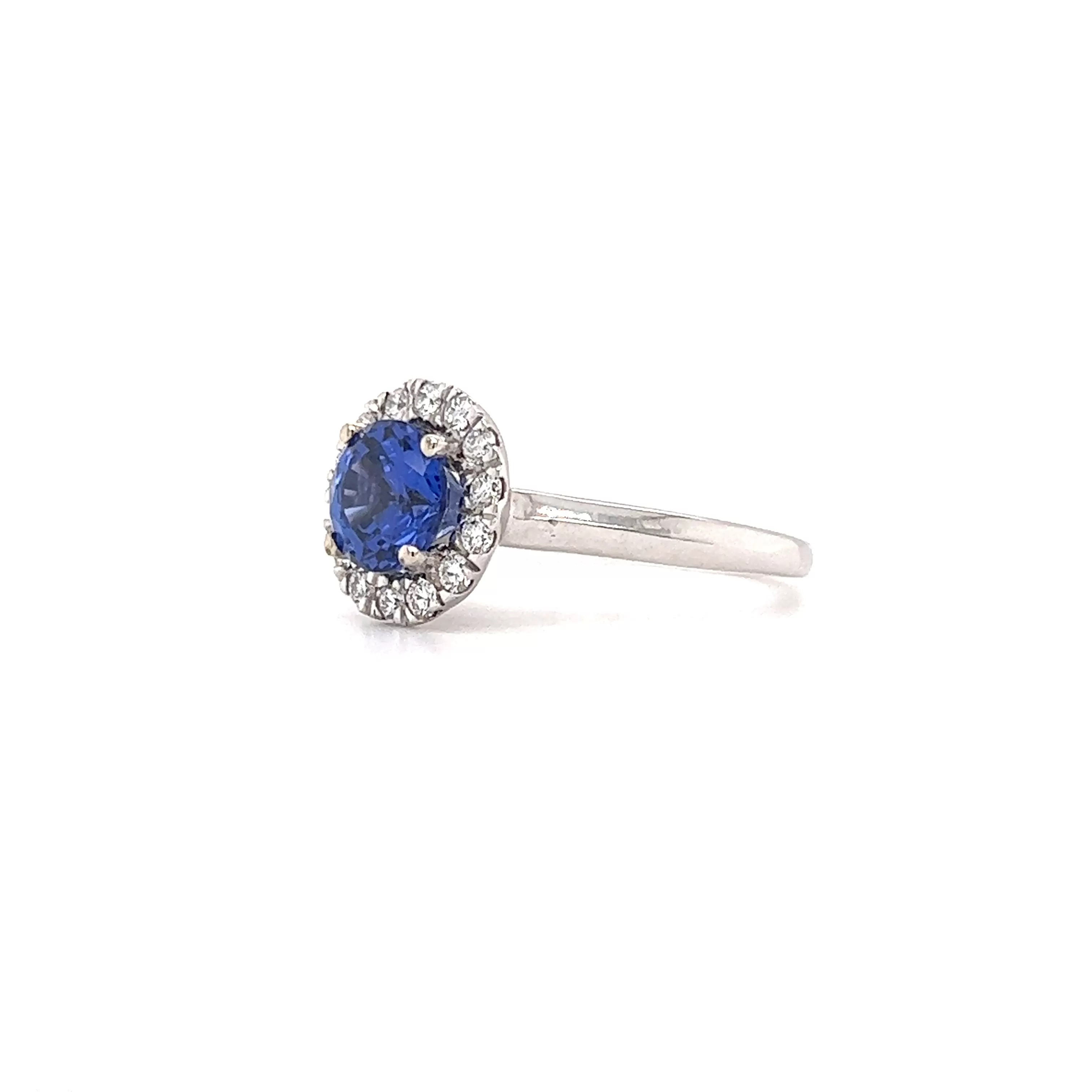 Round Sapphire Ring with Diamond Halo in 14K White Gold