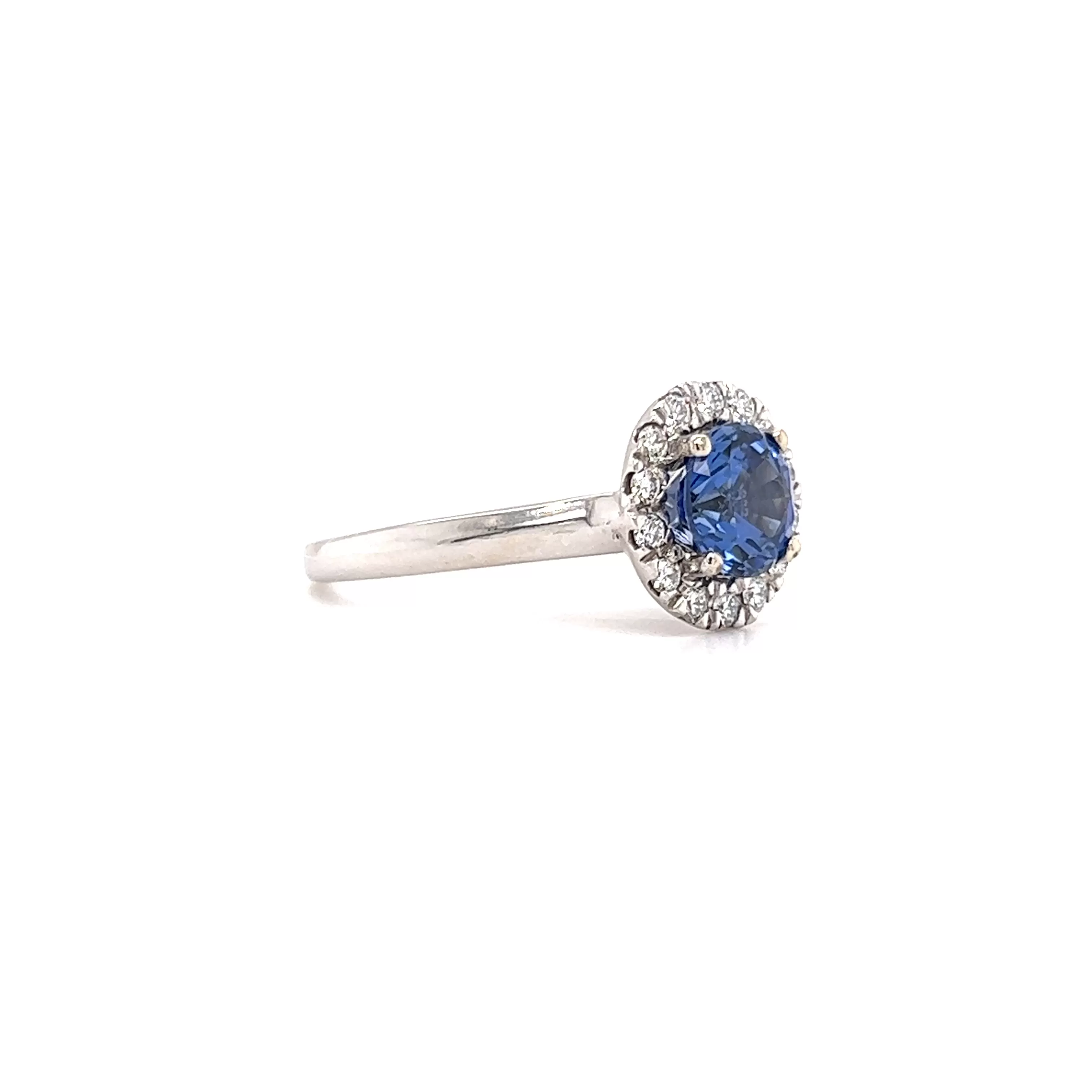 Round Sapphire Ring with Diamond Halo in 14K White Gold