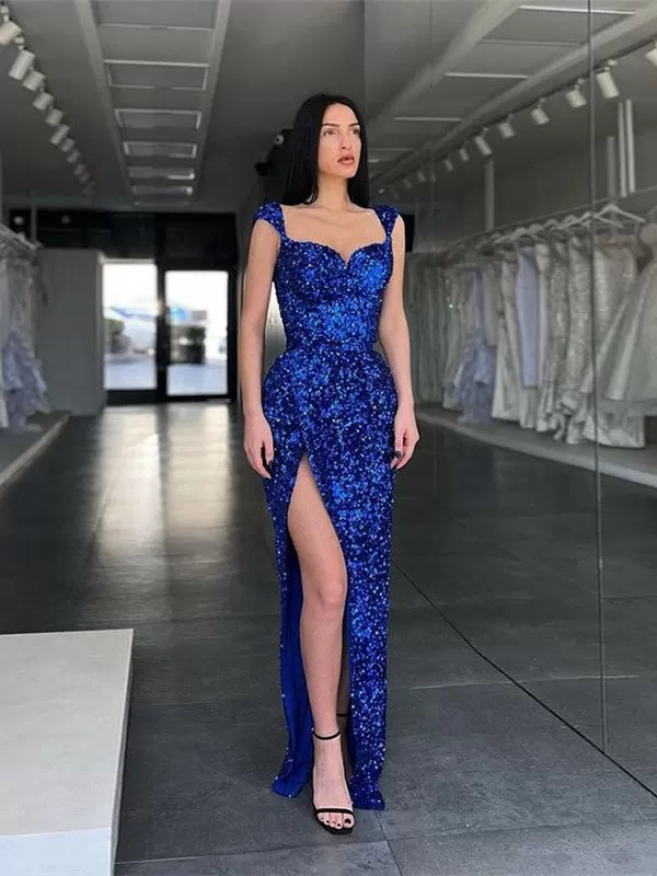 Royal Blue Sheath Straps Sleeveless Long Sweep Train Velvet Sequin Prom Dress (AF1099)