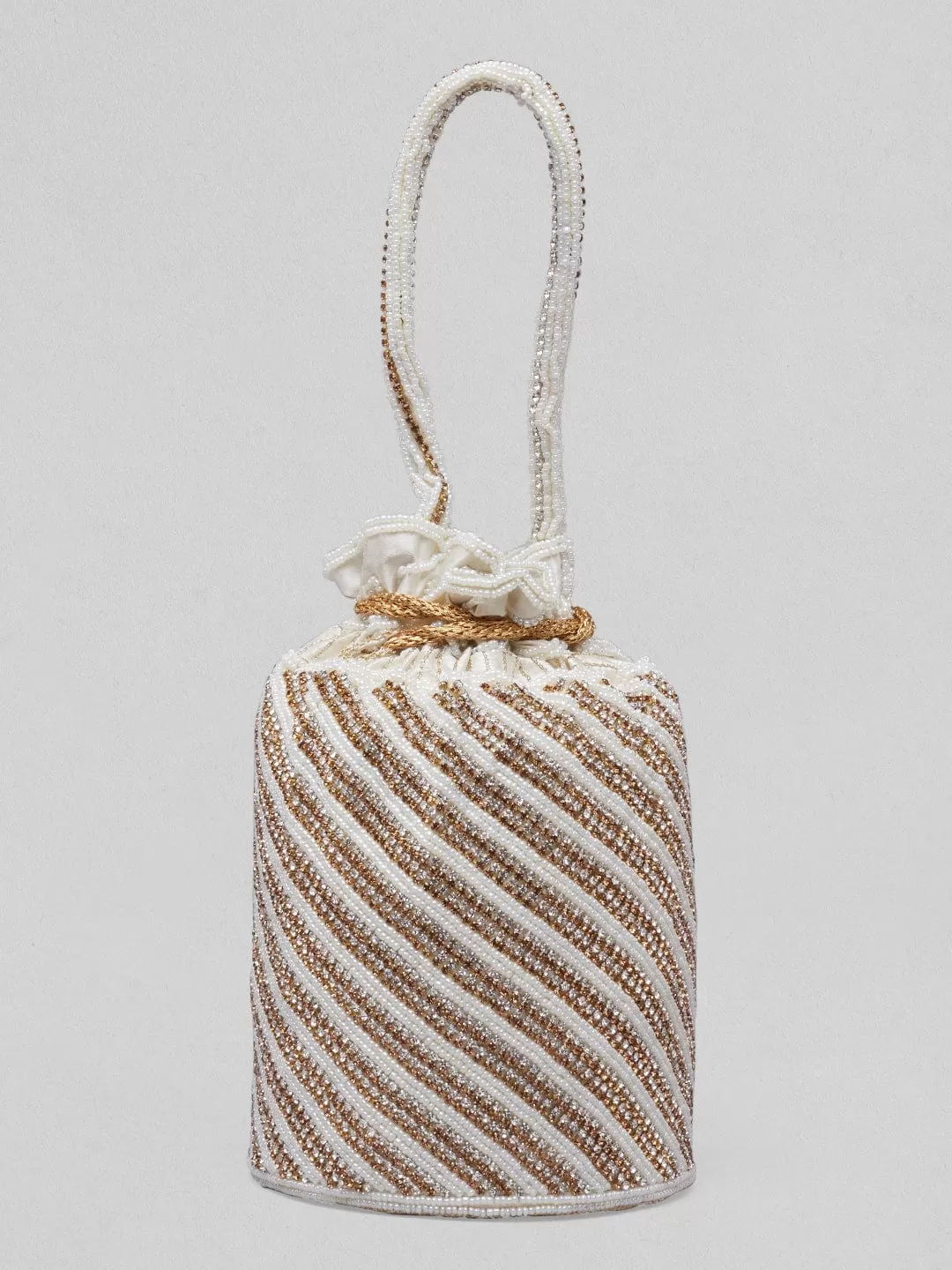 Rubans White Coloured Potli Bag With Golden Embroided Design.