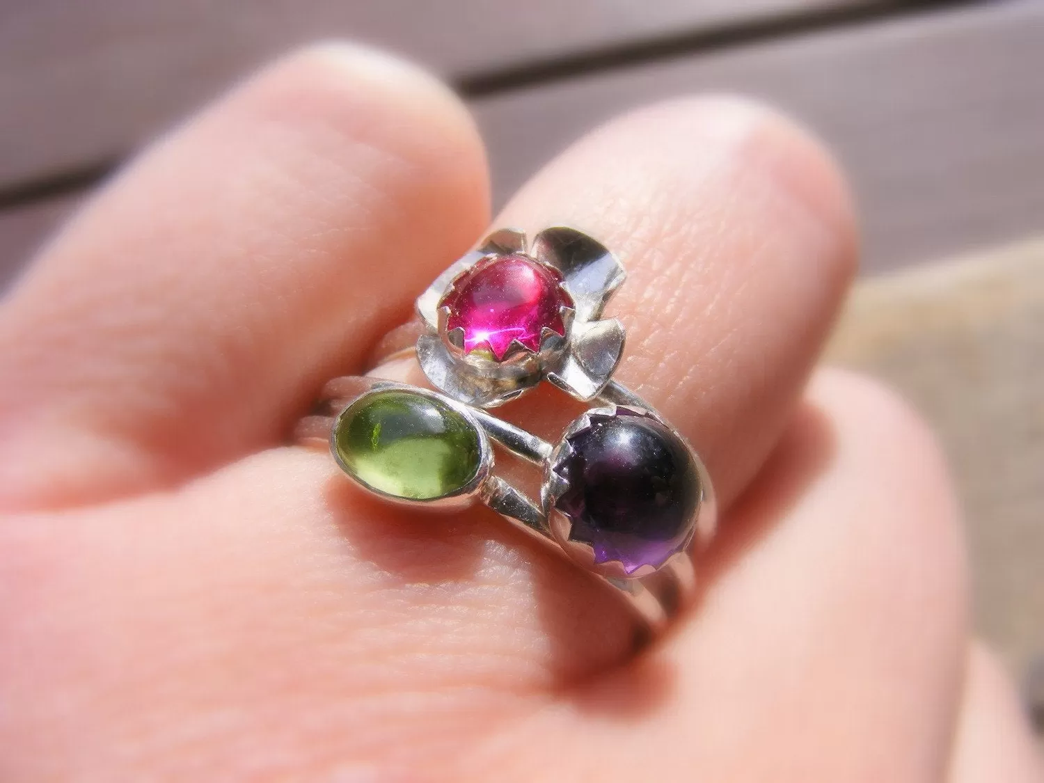 Ruby Sterling Silver Stacking Flower Blossom Ring - Birthstone Skinny Stackable Gemstone Ring - Made To Order Handcrafted By Helene's Dreams