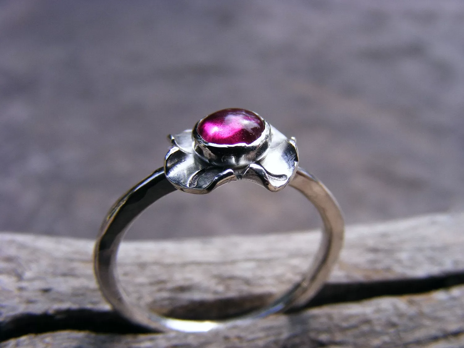 Ruby Sterling Silver Stacking Flower Blossom Ring - Birthstone Skinny Stackable Gemstone Ring - Made To Order Handcrafted By Helene's Dreams