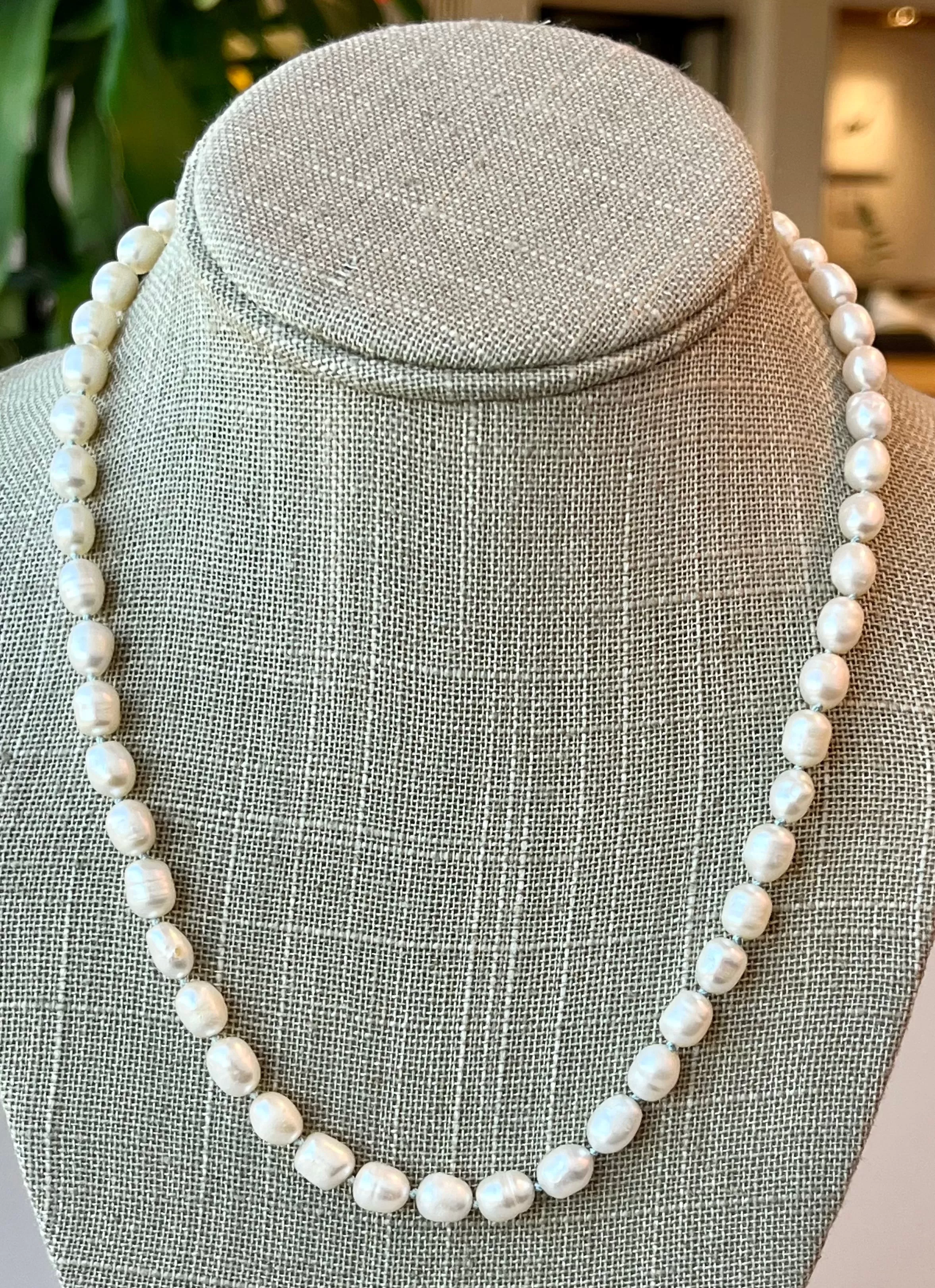 Sea Pearl necklace hand knitted with Tiffany blue silk 14K yellow gold clasp