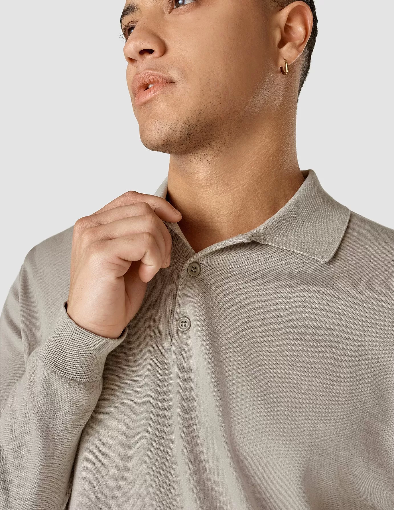 Silk / Cotton Long Sleeve Polo Light Grey