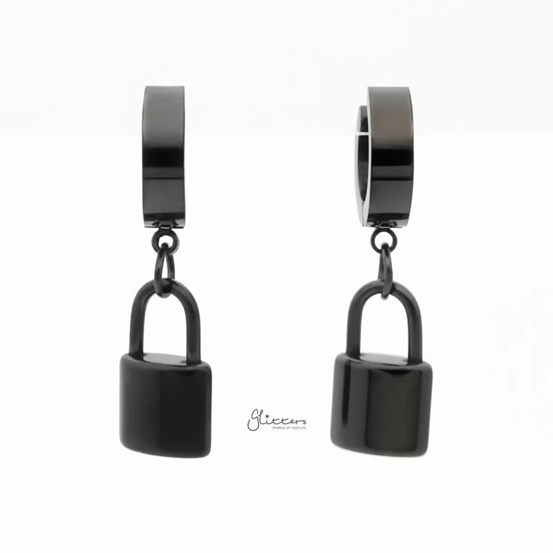 Stainless Steel Huggie Hoop Earrings with Padlock Charm - Black