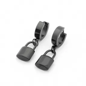 Stainless Steel Huggie Hoop Earrings with Padlock Charm - Black