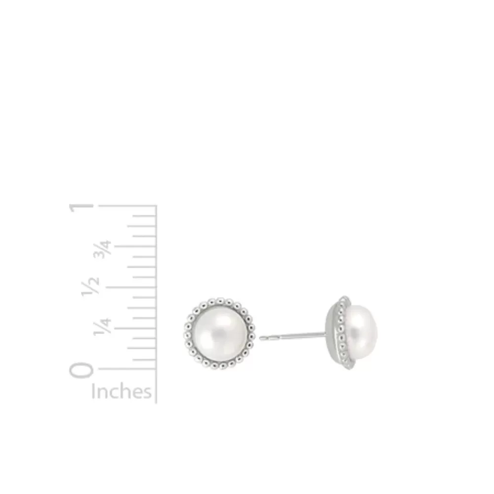 Sterling Silver Button Pearl Stud Earrings