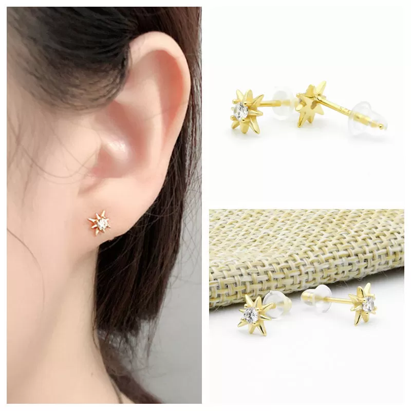 Sterling Silver CZ Star Stud Earrings - Gold