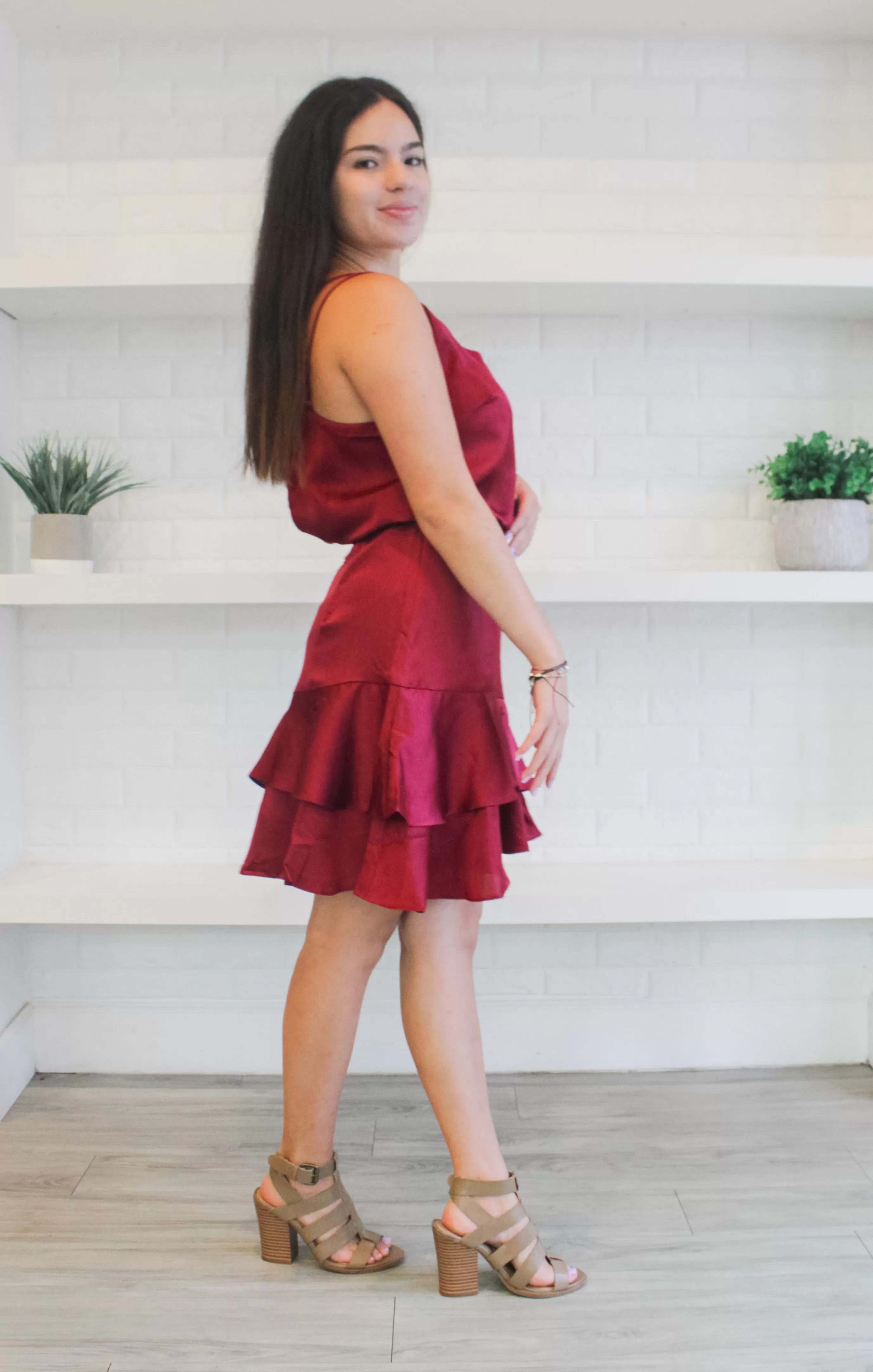 The Ruffle Hem Satin Mini (Garnet)