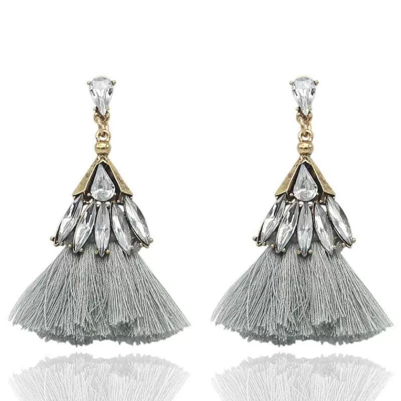 Trixy Tassels Rhinestone and Gray Tassel Earrings