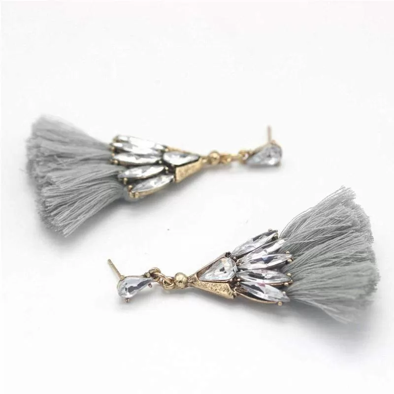 Trixy Tassels Rhinestone and Gray Tassel Earrings