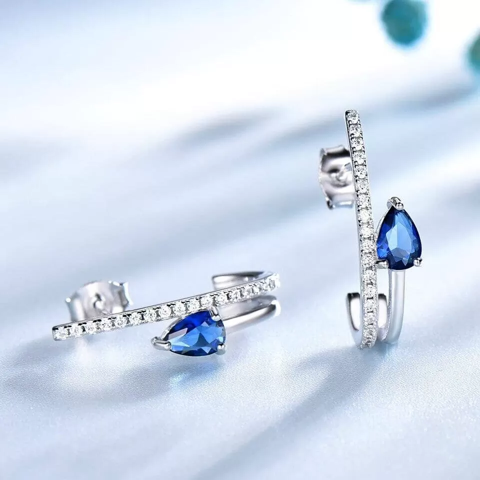 Water Drop Created Nano Blue Sapphire Stud Earrings - 925 Sterling Silver