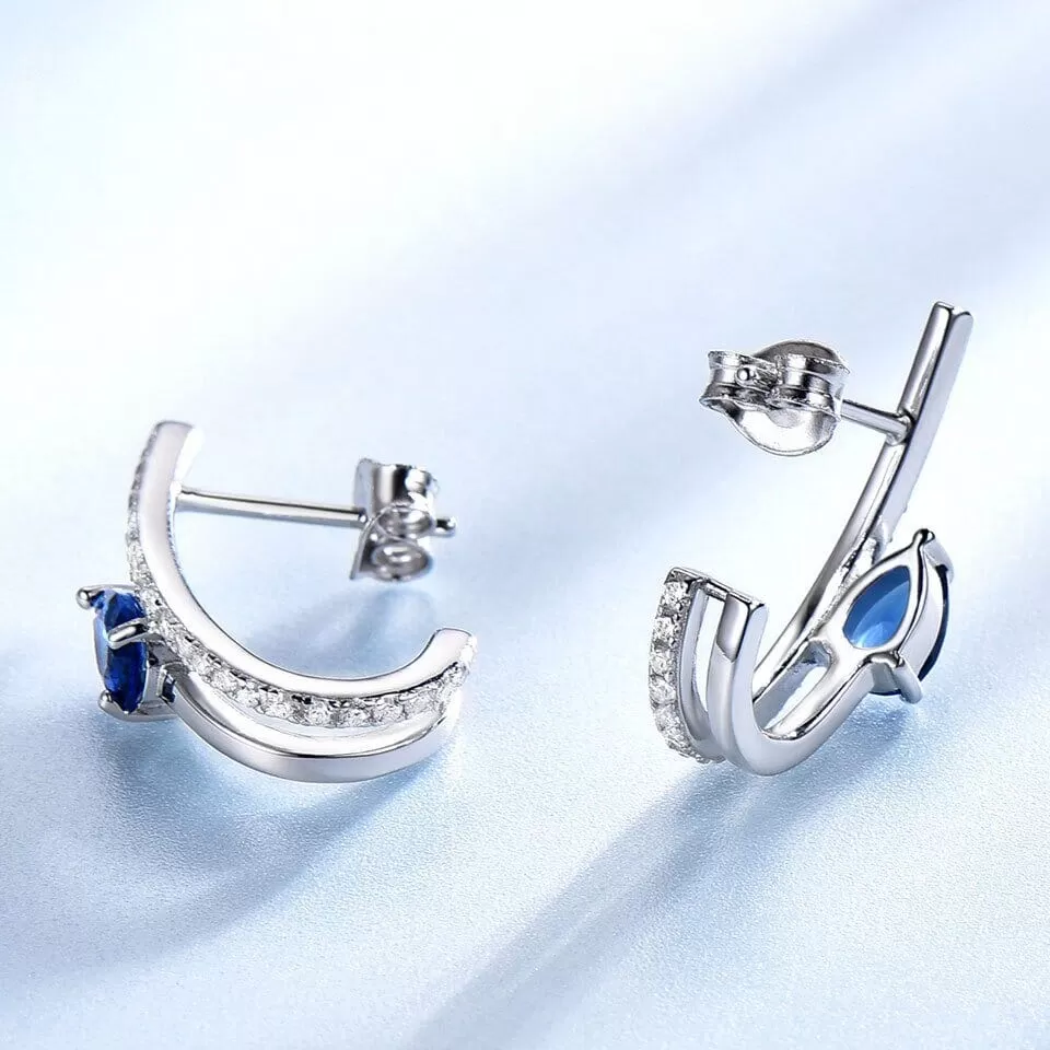 Water Drop Created Nano Blue Sapphire Stud Earrings - 925 Sterling Silver