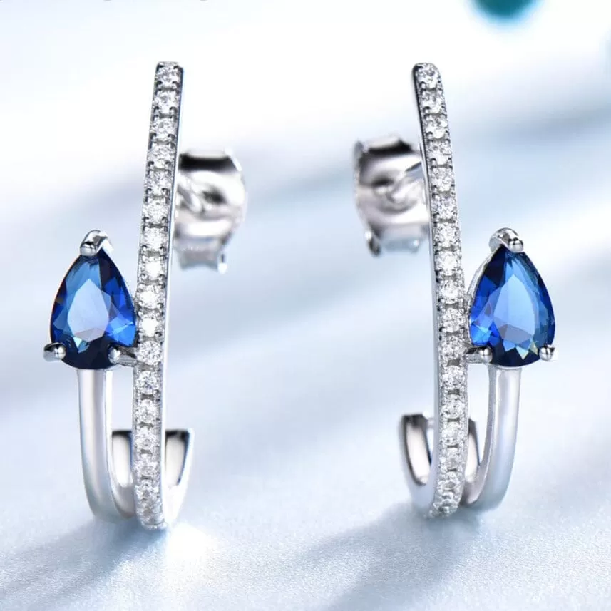 Water Drop Created Nano Blue Sapphire Stud Earrings - 925 Sterling Silver