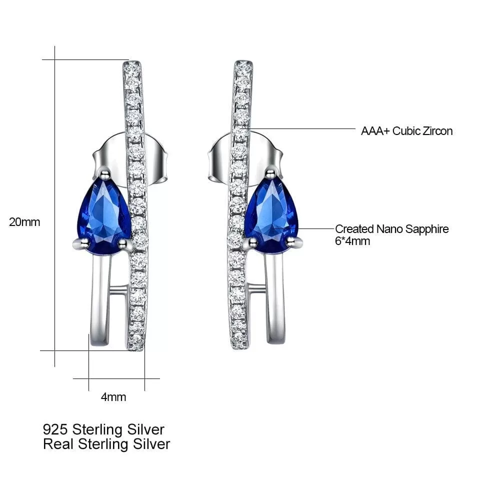 Water Drop Created Nano Blue Sapphire Stud Earrings - 925 Sterling Silver