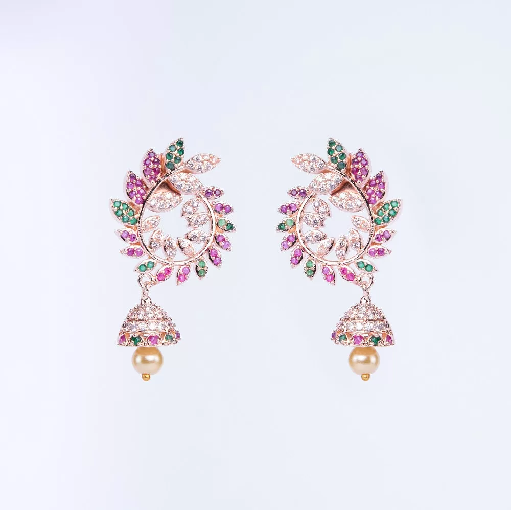 Whimsical Red-Green Symphony: Brass Rose Gold CZ Earrings