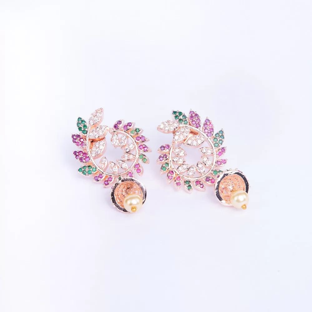 Whimsical Red-Green Symphony: Brass Rose Gold CZ Earrings