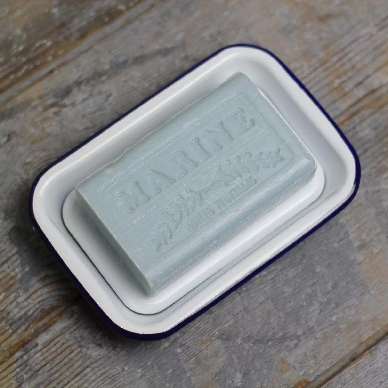 White Enamel Soap Dish - Blue Rim