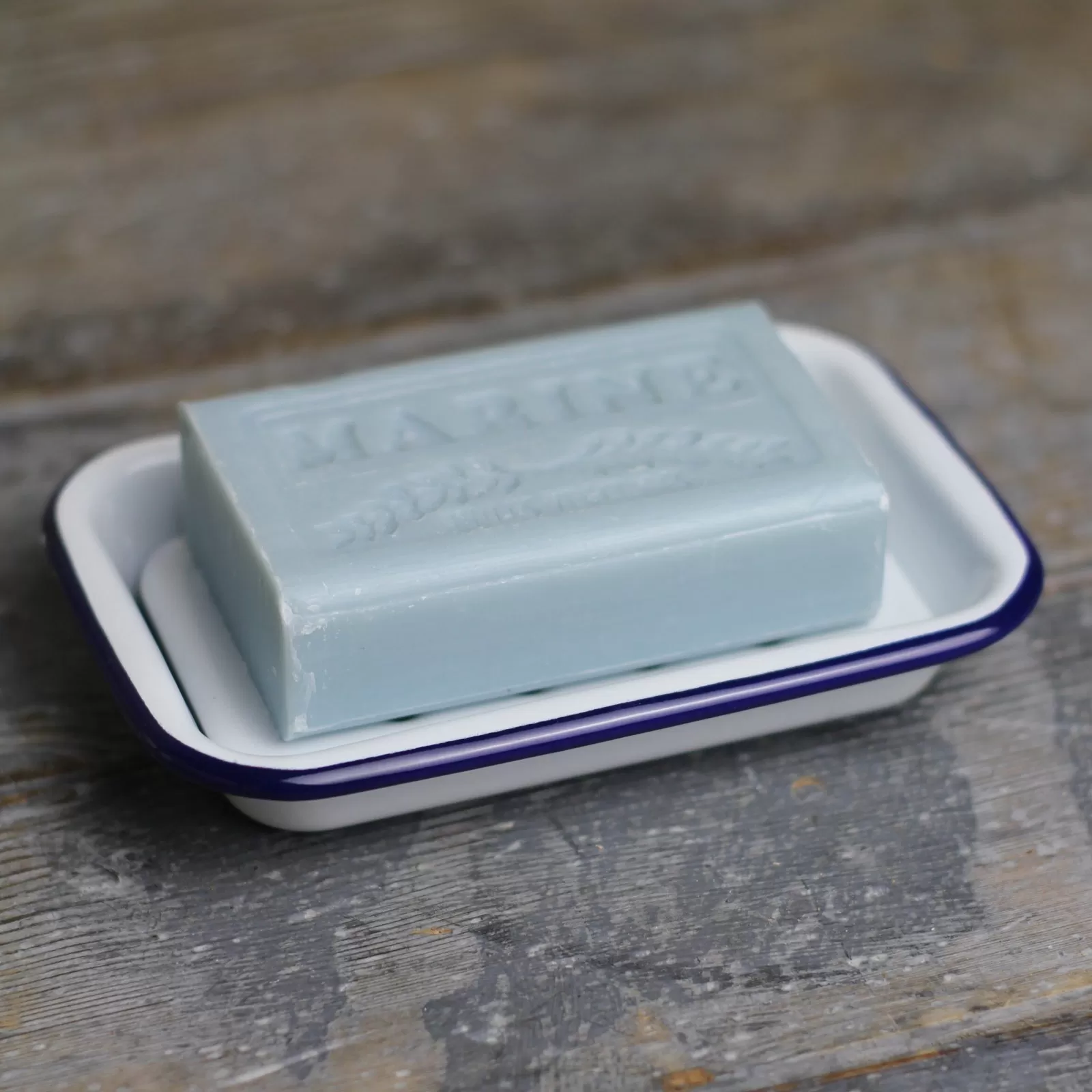 White Enamel Soap Dish - Blue Rim