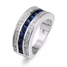 Wide Blue Square Sapphire Ring - 925 Sterling Silver