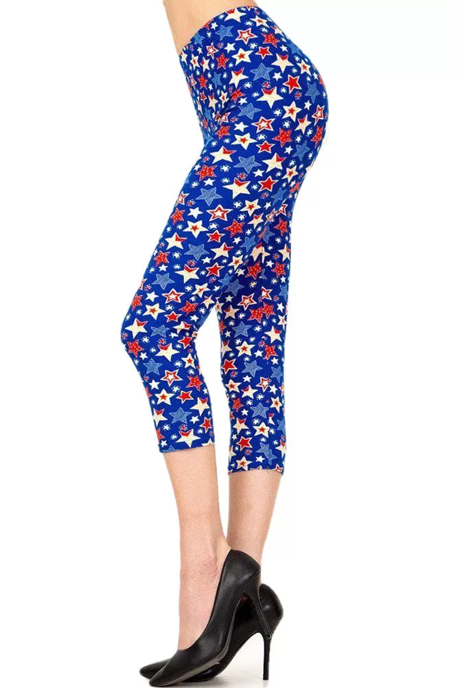 Women's Regular Blue Red Star American Flag Printed Cropped Capri Leggings